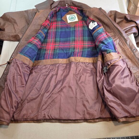 Burk’s Bay Brown Leather Car Coat Jacket 2XT Tall Plaid Lined Men’s Patch - Picture 4 of 10